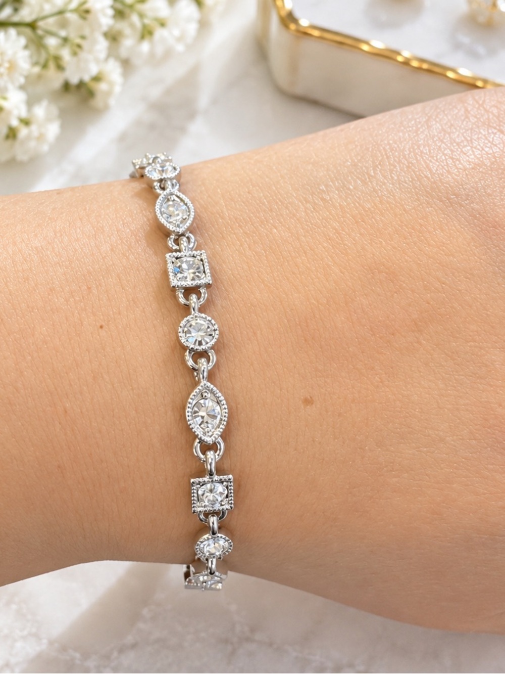 Vintage Givenchy Silver Tone Crystal Rhinestone Bracelet Geometric Link